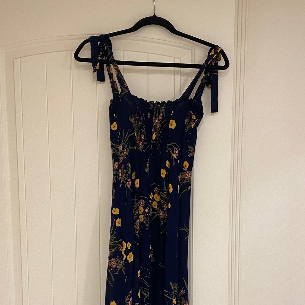 Reformation Floral Tie-Strap Midi Dress Navy Yellow Rose Nikita Size 0 - Picture 9 of 9